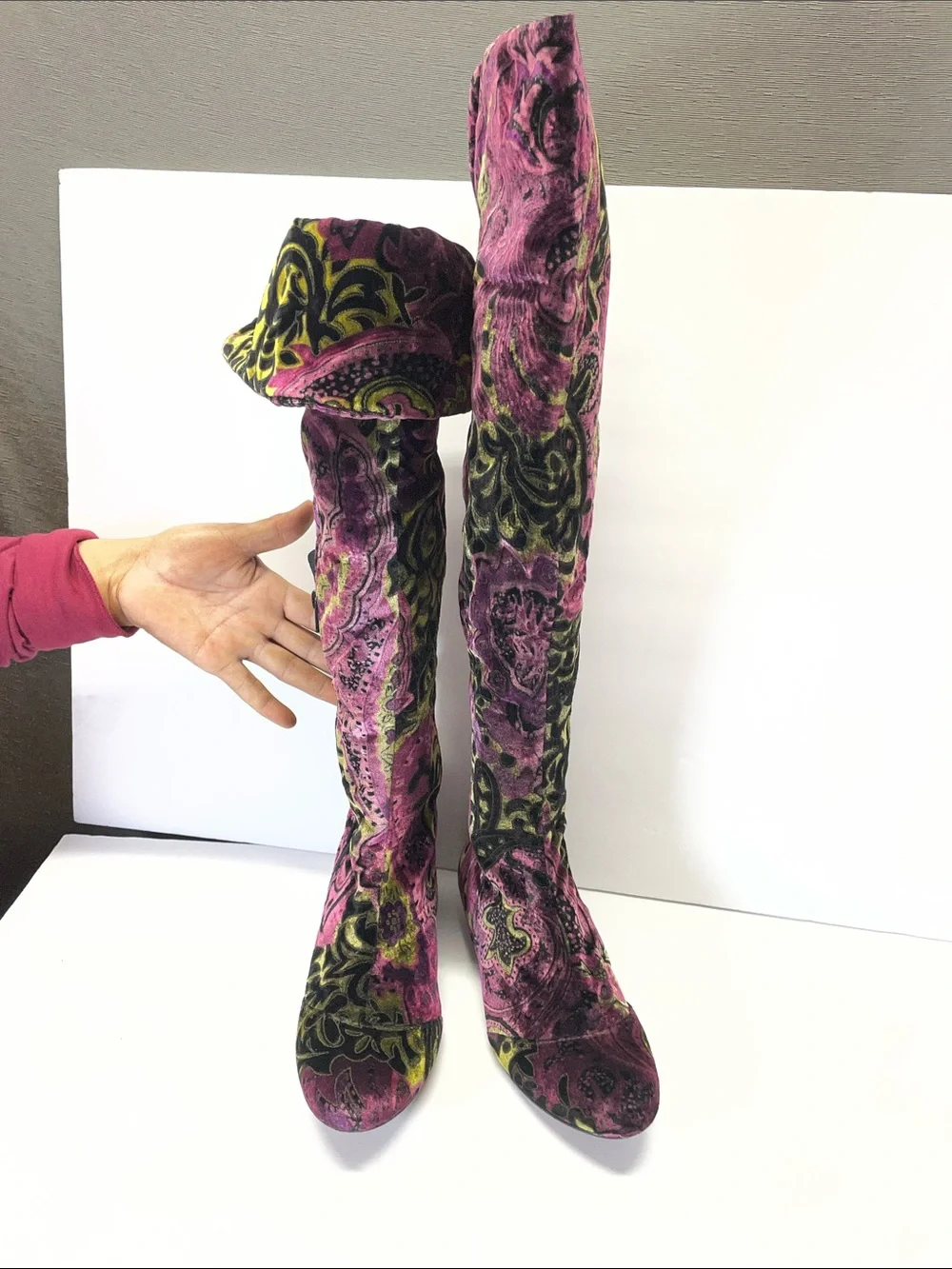 Born Pink Velvet Over-the-Knee Boots with Black and Gold Paisley